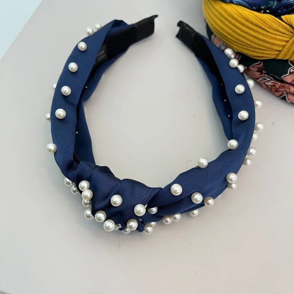 Set Of 5 Women's Knotted Headbands With Floral Pearl & Striped Designs Fabric Ma